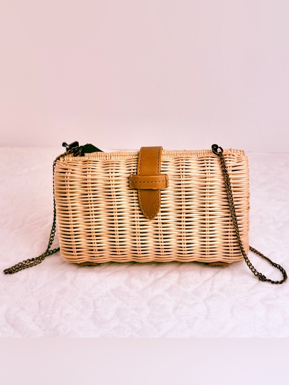 NWT J. Crew Rattan clutch with Crossbody chain and Leather closure